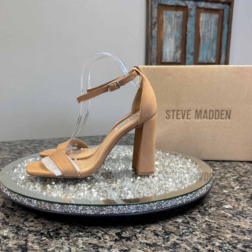 Steve Madden Tiaa Tan Suede Block Heel Ankle-Strap Sandal with Glitter Toe